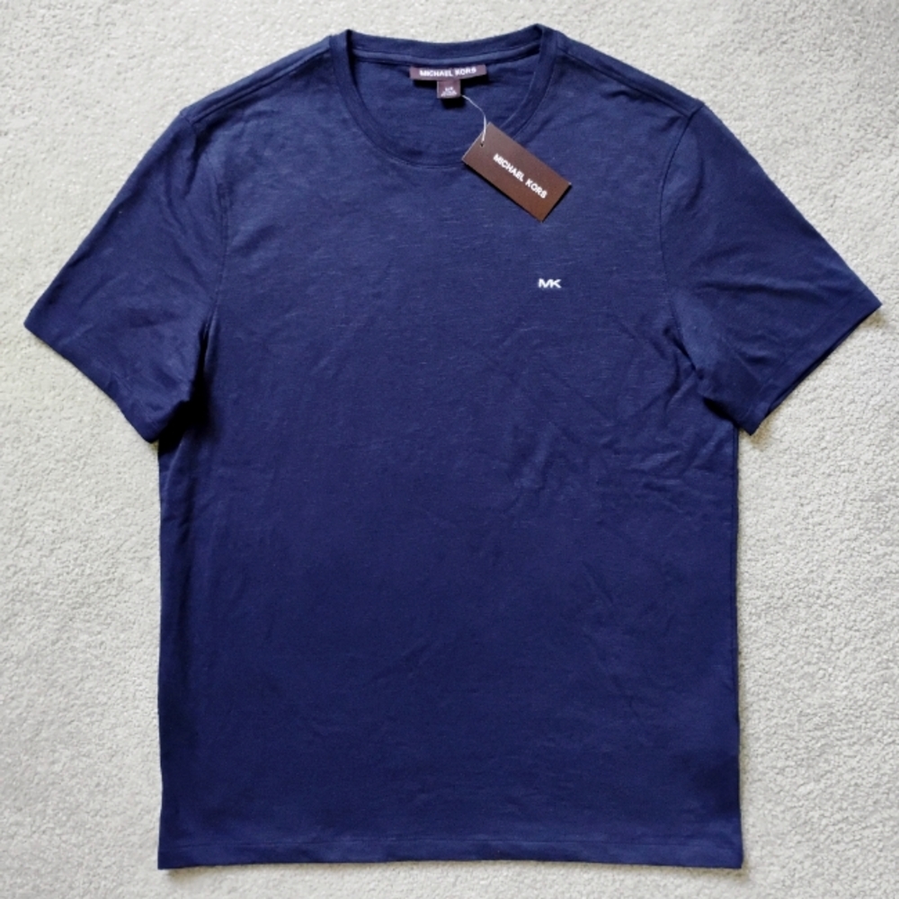 NWT S Michael Kors Navy Blue Crew Embroidered Logo Tee NEW